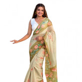 Mahendi linen printed saree with unstitched blouse (5.5Mtr), elegant traditional Indian wear