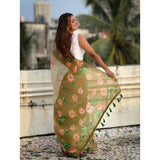 Women's Linen Printed Saree With Unstitched Blouse 5.5Mtr (Mahendi)