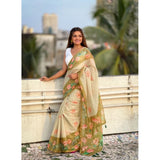 Women's Linen Printed Saree With Unstitched Blouse 5.5Mtr (Mahendi)