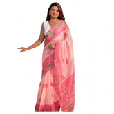 Pink linen printed saree with unstitched blouse (5.5Mtr) - traditional Indian women's wear on mannequin