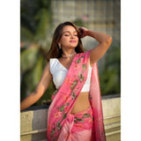 Women's Linen Printed Saree With Unstitched Blouse 5.5Mtr (Pink)