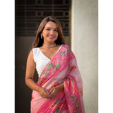 Women's Linen Printed Saree With Unstitched Blouse 5.5Mtr (Pink)