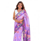 Purple linen printed saree with unstitched blouse, vibrant design on display