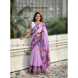 Women's Linen Printed Saree With Unstitched Blouse 5.5Mtr (Purple)