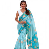 Aqua linen printed saree with unstitched blouse (5.5Mtr), traditional Indian attire on display