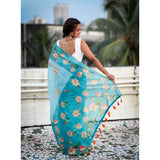 Women's Linen Printed Saree With Unstitched Blouse 5.5Mtr (Aqua)