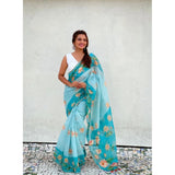 Women's Linen Printed Saree With Unstitched Blouse 5.5Mtr (Aqua)