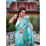 Women's Linen Printed Saree With Unstitched Blouse 5.5Mtr (Aqua)