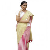 Yellow linen printed saree with unstitched blouse (5.5Mtr) - traditional Indian women's attire on mannequin