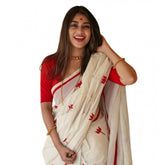 White linen printed saree with unstitched blouse, 5.5mtr length for traditional Indian wear