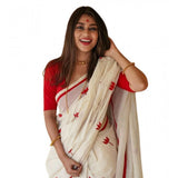 Women's Linen Printed Saree With Unstitched Blouse 5.5Mtr (White)