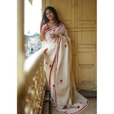 Women's Linen Printed Saree With Unstitched Blouse 5.5Mtr (White)