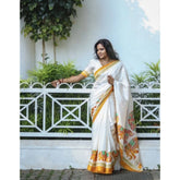 White linen printed saree with unstitched blouse, vibrant design on display