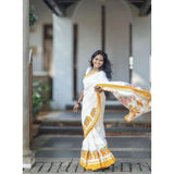 Women's Linen Printed Saree With Unstitched Blouse 5.5Mtr (White)