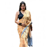 Peach linen printed saree with unstitched blouse, vibrant Indian women's traditional wear on mannequin