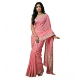 Coral pink cotton printed saree with unstitched blouse (5.5mtr), traditional Indian women's attire on display
