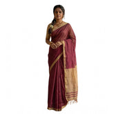 Women's wine cotton printed saree with unstitched blouse, 5.5Mtr on mannequin