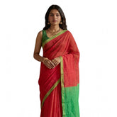 Red cotton printed saree with unstitched blouse (5.5mtr), vibrant design for traditional Indian wear