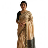 Beige cotton printed saree with unstitched blouse (5.5mtr), vibrant floral pattern for women's traditional wear