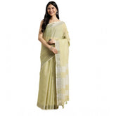 Olive green linen cotton printed saree with unstitched blouse, vibrant floral design for women's ethnic wear