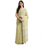 Women's Linen Cotton Printed Saree With Unstitched Blouse 5.5Mtr (Olive Green)