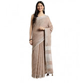 Beige linen cotton printed saree with unstitched blouse (5.5mtr), traditional Indian wear for women