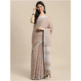 Women's Linen Cotton Printed Saree With Unstitched Blouse 5.5Mtr (Beige)