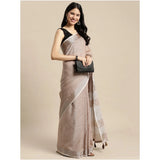 Women's Linen Cotton Printed Saree With Unstitched Blouse 5.5Mtr (Beige)