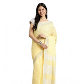 Yellow linen cotton printed saree with unstitched blouse (5.5mtr)