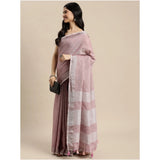 Women's Linen Cotton Printed Saree With Unstitched Blouse 5.5Mtr (Purple)