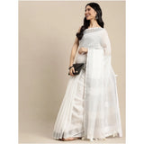 Women's Linen Cotton Printed Saree With Unstitched Blouse 5.5Mtr (White)