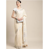 Women's Linen Cotton Printed Saree With Unstitched Blouse 5.5Mtr (Cream)