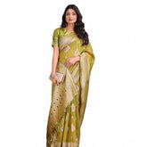 Mustrad linen-cotton printed saree with unstitched blouse (5.5mtr), traditional Indian women's wear on mannequin