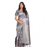 Grey linen-cotton printed saree with unstitched blouse (5.5mtr), women's traditional Indian wear