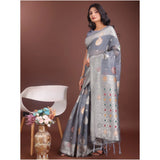Women's Linen Cotton Printed Saree With Unstitched Blouse 5.5Mtr (Grey)