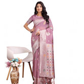 Purple linen-cotton printed saree with unstitched blouse (5.5mtr), traditional Indian wear for women