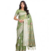 Light green linen cotton printed saree with unstitched blouse, vibrant Indian wear for women's traditional fashion