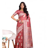 Pink linen cotton printed saree with unstitched blouse, 5.5mtr length