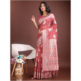 Women's Linen Cotton Printed Saree With Unstitched Blouse 5.5Mtr (Pink)