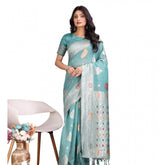 Sea Green Linen Cotton Printed Saree with Unstitched Blouse, 5.5Mtr - Women's ethnic wear on display
