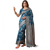 Teal blue silk blend printed saree with unstitched blouse (5.5mtr), luxurious ethnic wear for women
