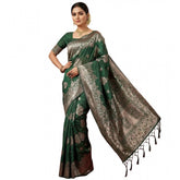 Dark green silk blend printed saree with unstitched blouse, vibrant Indian women's fashion accessory
