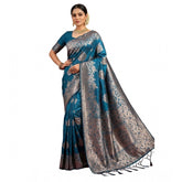Teal blue silk blend printed saree with unstitched blouse (5.5mtr) - Women's traditional Indian attire on mannequin