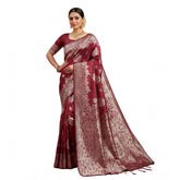 Maroon silk blend printed saree with unstitched blouse (5.5Mtr), women's ethnic wear accessory
