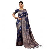 Navy blue silk blend printed saree with unstitched blouse, vibrant design for women's fashion