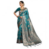 Sea Green silk blend printed saree with unstitched blouse (5.5mtr) on mannequin