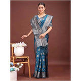 Women's Banarasi Silk Printed Saree With Unstitched Blouse 5.5Mtr (Teal Blue)