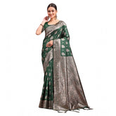 Dark green Banarasi silk printed saree with unstitched blouse, elegant traditional women's wear
