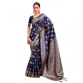 Navy blue Banarasi silk printed saree with unstitched blouse, 5.5mtr. Close-up detail showcases intricate design