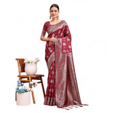 Maroon Banarasi silk printed saree with unstitched blouse, vibrant silken elegance for women